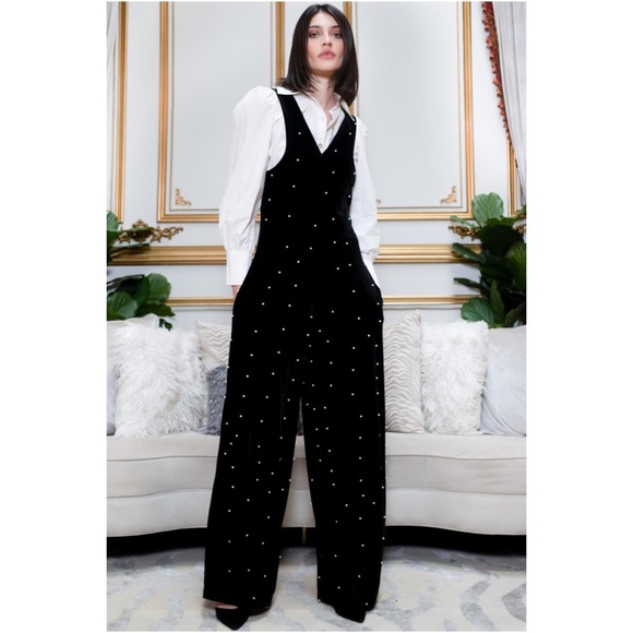 Eva Franco Anthropologie Black Velvet Pearl Wide Leg V Front Sleeveless Jumpsuit - Picture 4 of 9